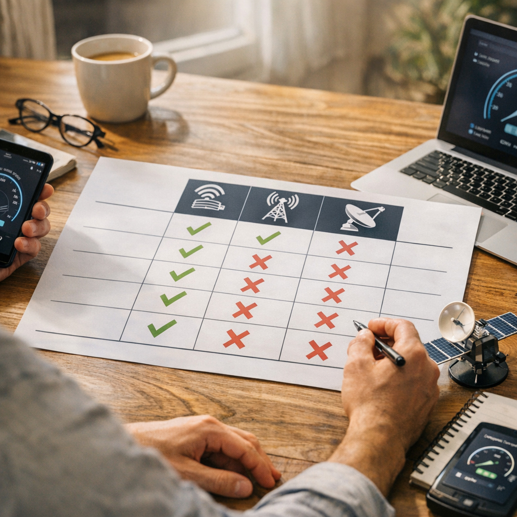 Comparison table : quel outil choisir selon la fibre, la 4G/5G ou le satellite